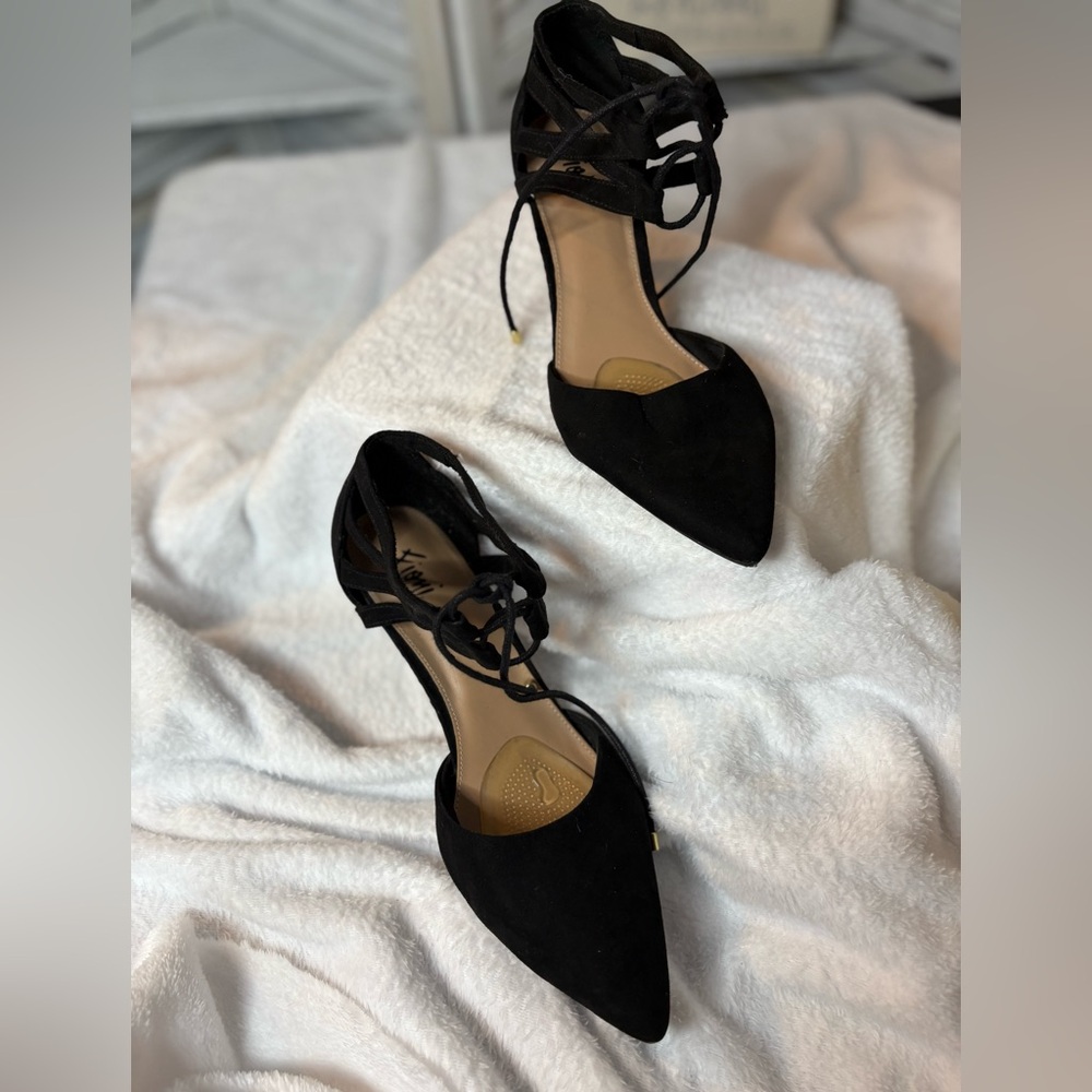 Fioni Women's Shoe KWEN STRAPPY Dress Kitten Heels Black Suede Size 8.5 - Picture 2 of 8